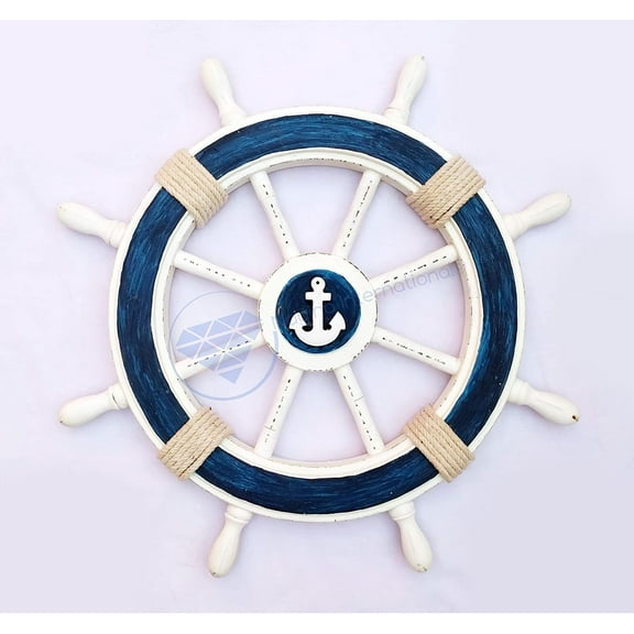 Nagina International 24" Nautical Decorative White Blue Premium Ship Wheel With Accentuated Anchor And Rope | Pirate's Wall Decor | Sea Gift