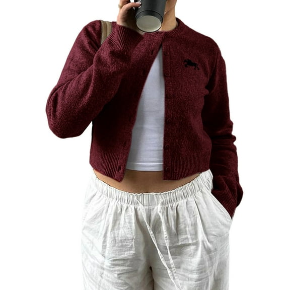 Women'S Button Up Crew Neck Cardigan Long Sleeve Knitted Sweater Outwear Wine Red M