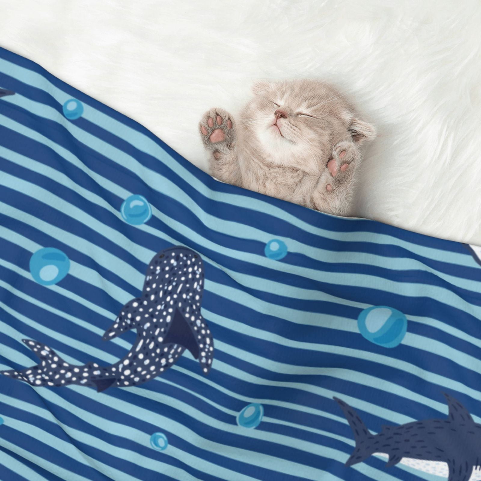 Naloa Sharks on White Blue Striped Dog Blanket, 3 Sizes Cat Blanket for Indoor Cats Large Medium Small Dog Gifts-Large