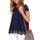 thumbnail image 2 of Sonducket Camiseta de mujer Color sólido Suelta Top básico Encaje Dobladillo hueco Manga corta Blusa de cuello Prendas para la parte del cuerpo Azul oscuro L, 2 of 6