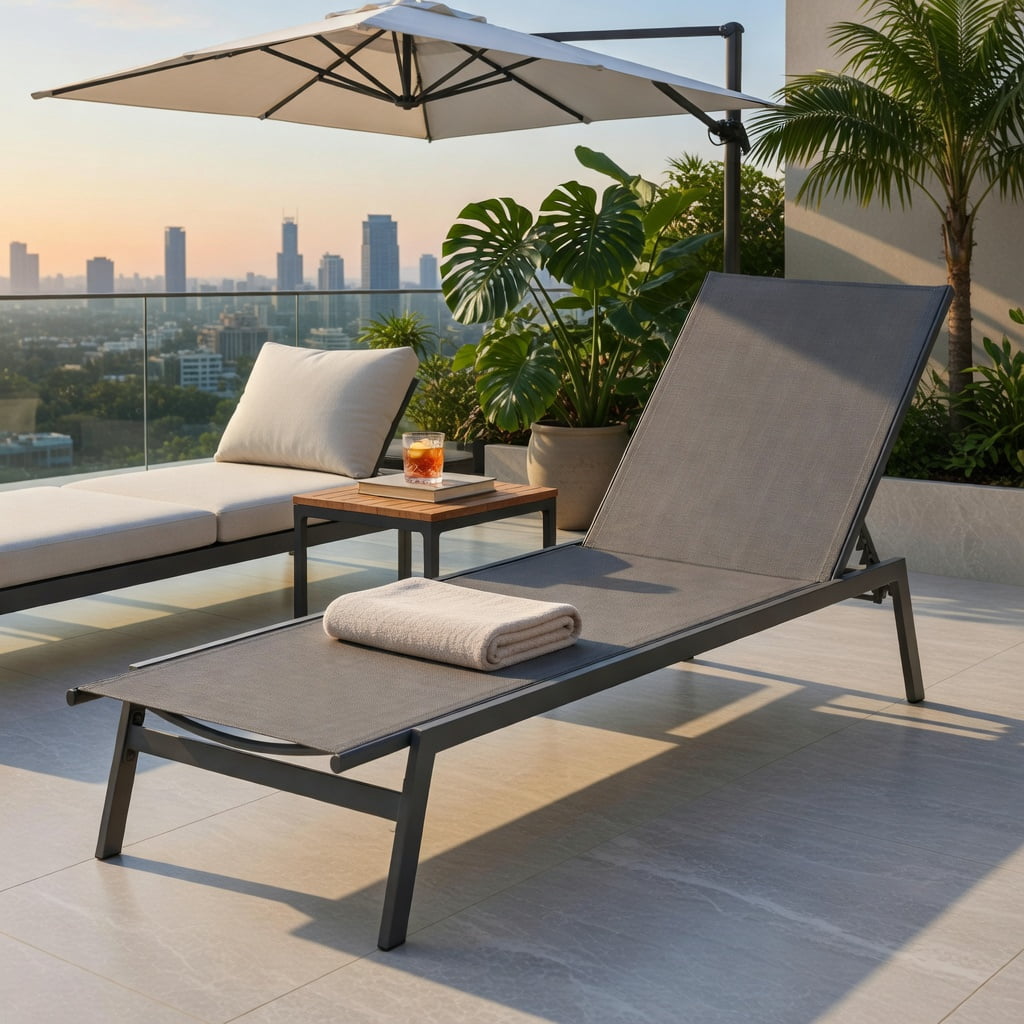 Hommoo 6-Position Adjustable Outdoor Chaise Lounge Chair, Rustproof Steel Frame, Breathable Quick-Dry Fabric, for Patio, Poolside & Backyard, Gray