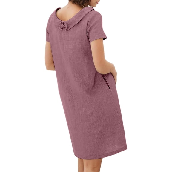 Women's Collared Dress Summer Short Sleeve Linen Blend Shift Dress Textured Casual Cute Office Dress with Pockets Purple S