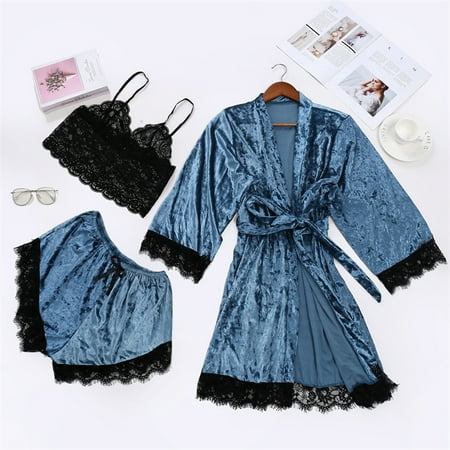 

MRULIC intimates for women Women s Pajamas Lace Velvet Solid Color Lace ThreePiece Pajamas Nightdress Underwear Sleepwear Blue + M