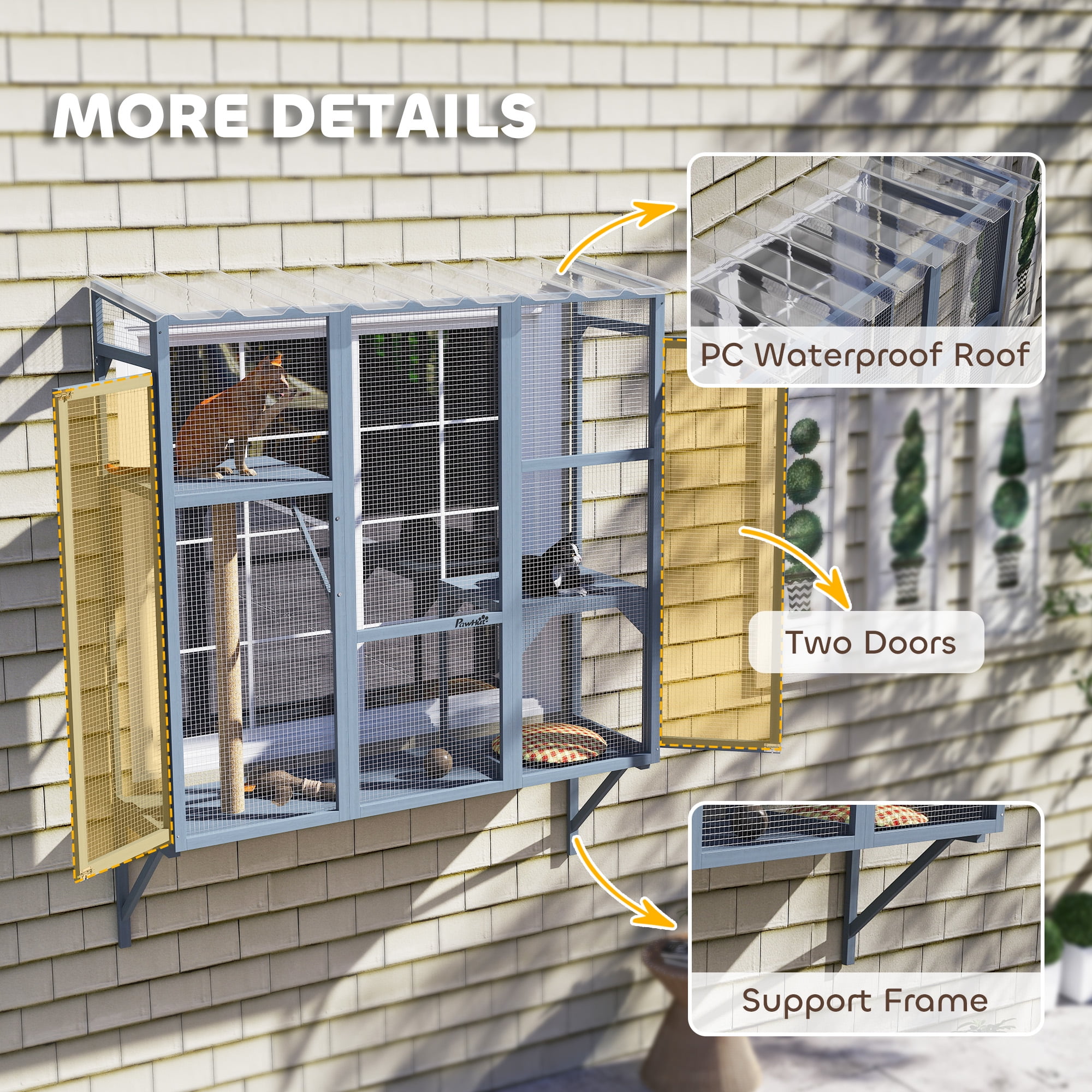 PawHut Catio Outdoor, Cat Window Catio for 2-3 Large Indoor Cats with 2 Jumping Platforms, Scratching Post, Cat Window Box for Playing, Sunbathing
