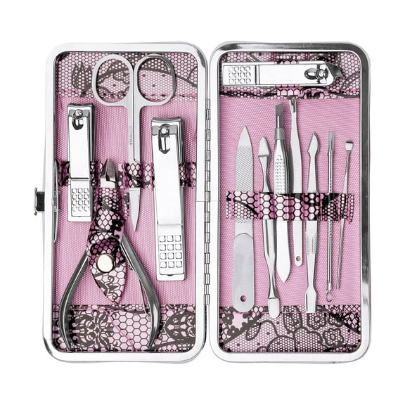 12-Piece Stainless Steel Manicure Set with Nail Clipper & Fingernail Clipper, Pink Grooming Kit for Men & Women