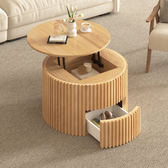 Round Lift Top Coffee Table, Modern Fluted Wood Accent Coffee Table with Hidden Storage for Living Room