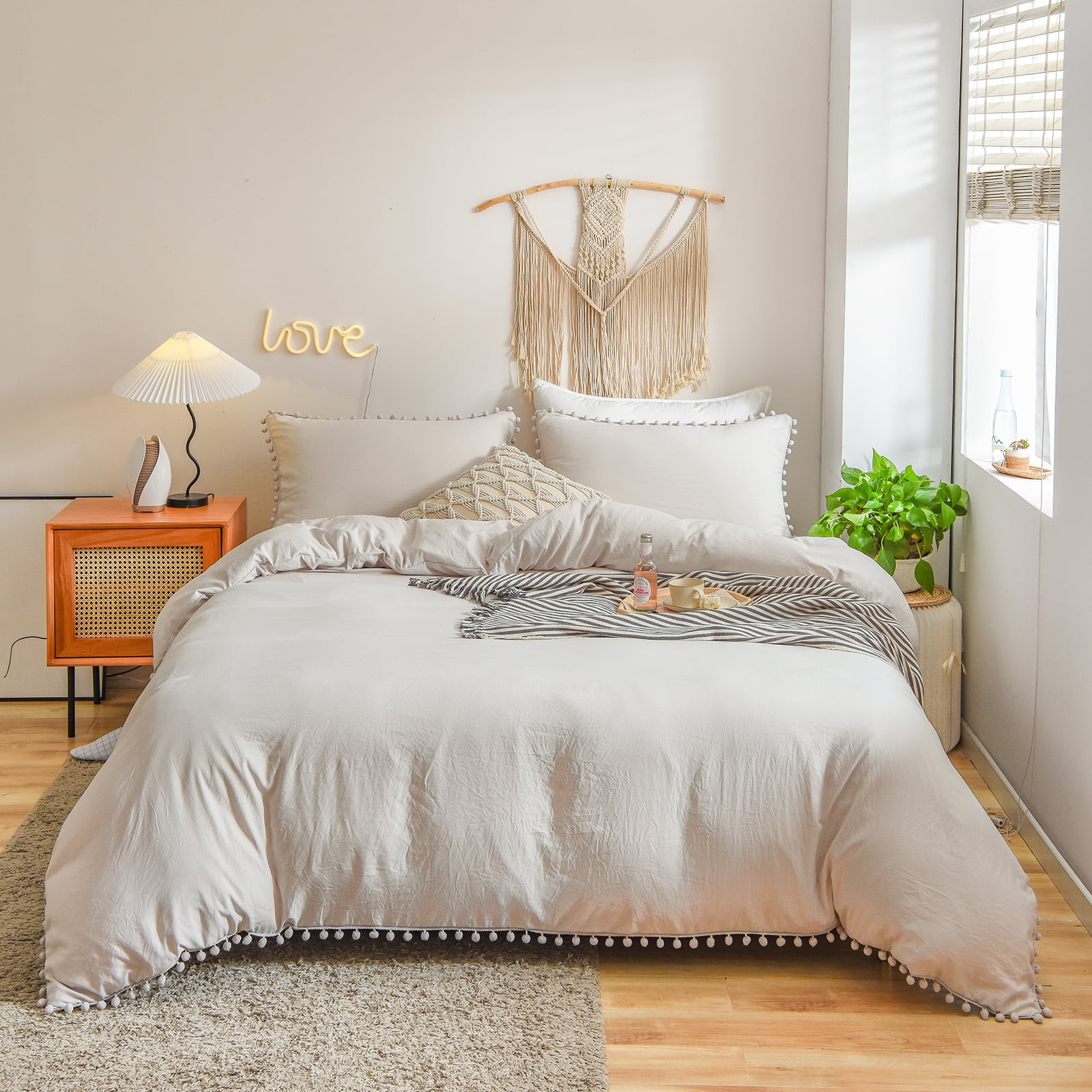 Move Over Cream Grey Pom Poms Bedding Sets Queen Pom Fringe Pattern 100