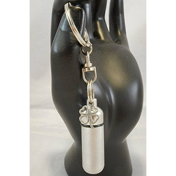 Silver Pill Holder - Four Leaf Clover - on Swivel Stainless Steel Keychain - Includes Inner Vial and Velvet Pouch