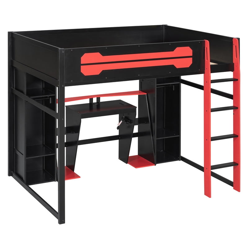 Full Size Wooden Gaming Loft Bed with Desk, RGB LED Lights, USB Charging Station, Wardrobe and Storage Cabinets, Space-Saving Loft Bed Frame with Workstation for Bedroom