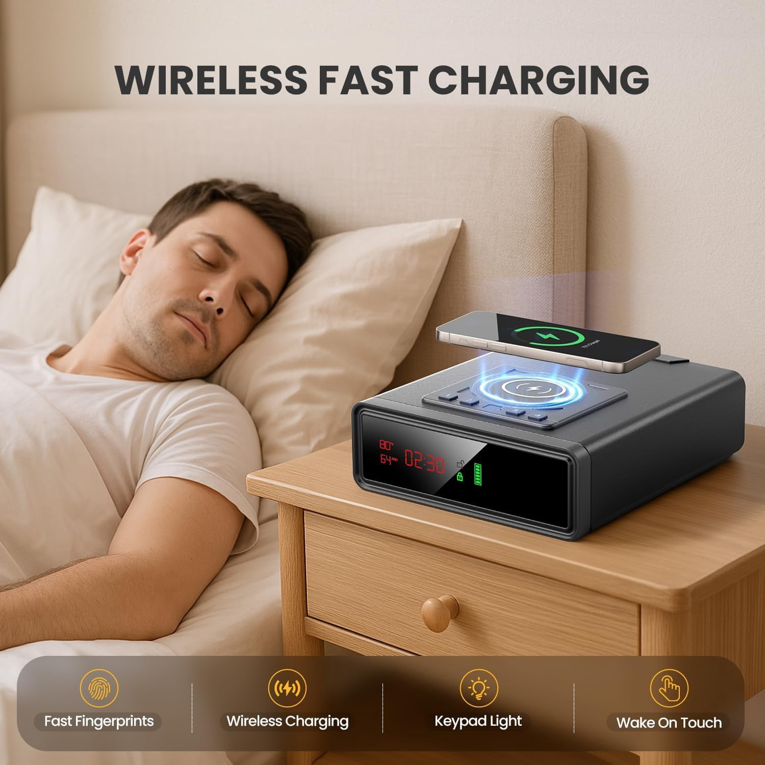 XDeer Biometric Gun Safe for Handgun and Pistol with Wireless Charging, 3 Quick Access Fingerprint, Bedside Safe with 24/7 Digital Alarm Clock