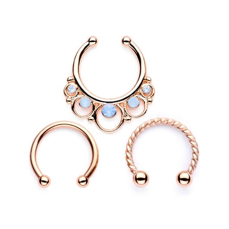 Body Candy 3Pc 16G Rose Gold Tone Steel Non Pierced Faux Clip On Septum Nose Hoop Blue Accent (Best Way To Get Nose Pierced)