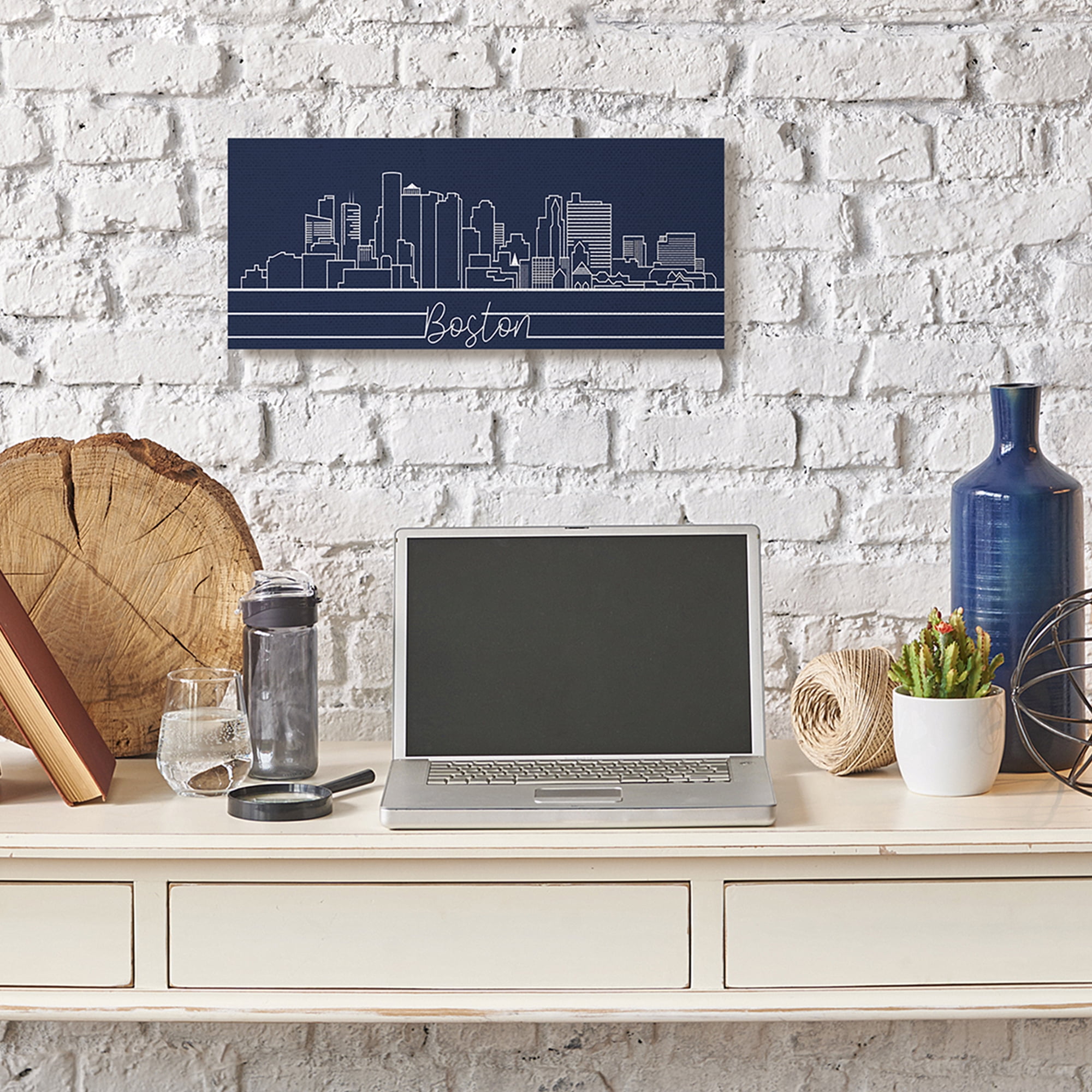Stupell Industries Boston City Skyline Outline Deep Blue White Canvas Wall Art, 10 x 24, Design by Daphne Polselli