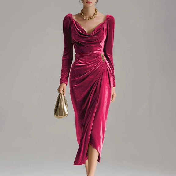 ClodeEU Women's Velvet Draped Neckline Long Sleeve Dress, Elegant Bodycon Ruched Party Dress Hot Pink,Womens Plus XXL
