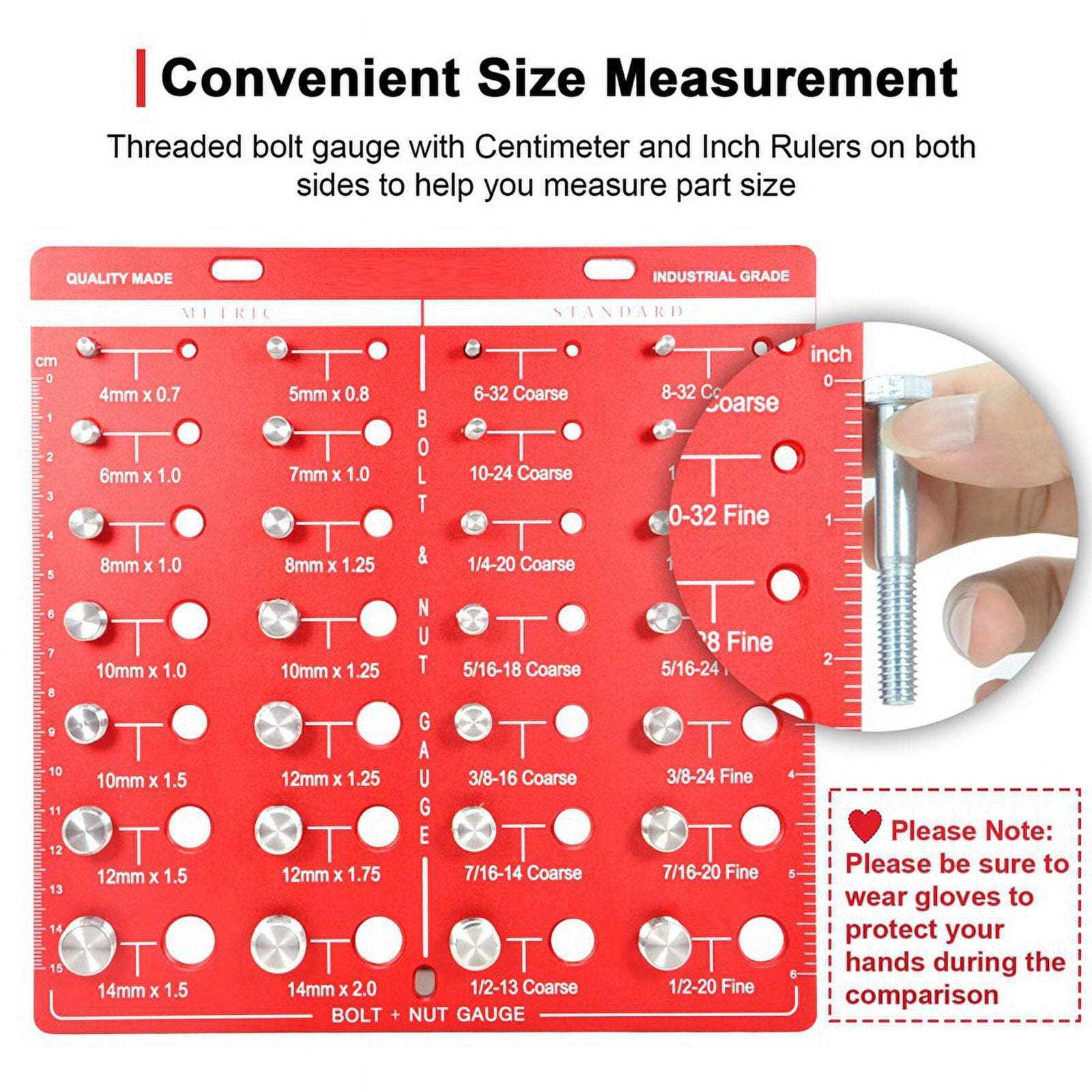 28 , Nut and Bolt , Bolt Size , Standard Ruler with Inches and Centimeters on Both Sides