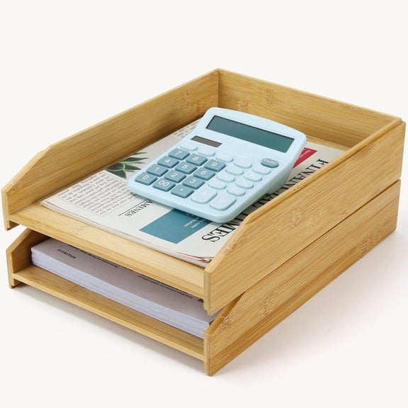 Multibey A4 Bamboo Stackable Paper Tray 2-Pack, 2-Tier Anti-Toppling Desk Organizer, Wooden Letter Document Magazine Tray Desktop File Folder Holder for Office & Home Supplies