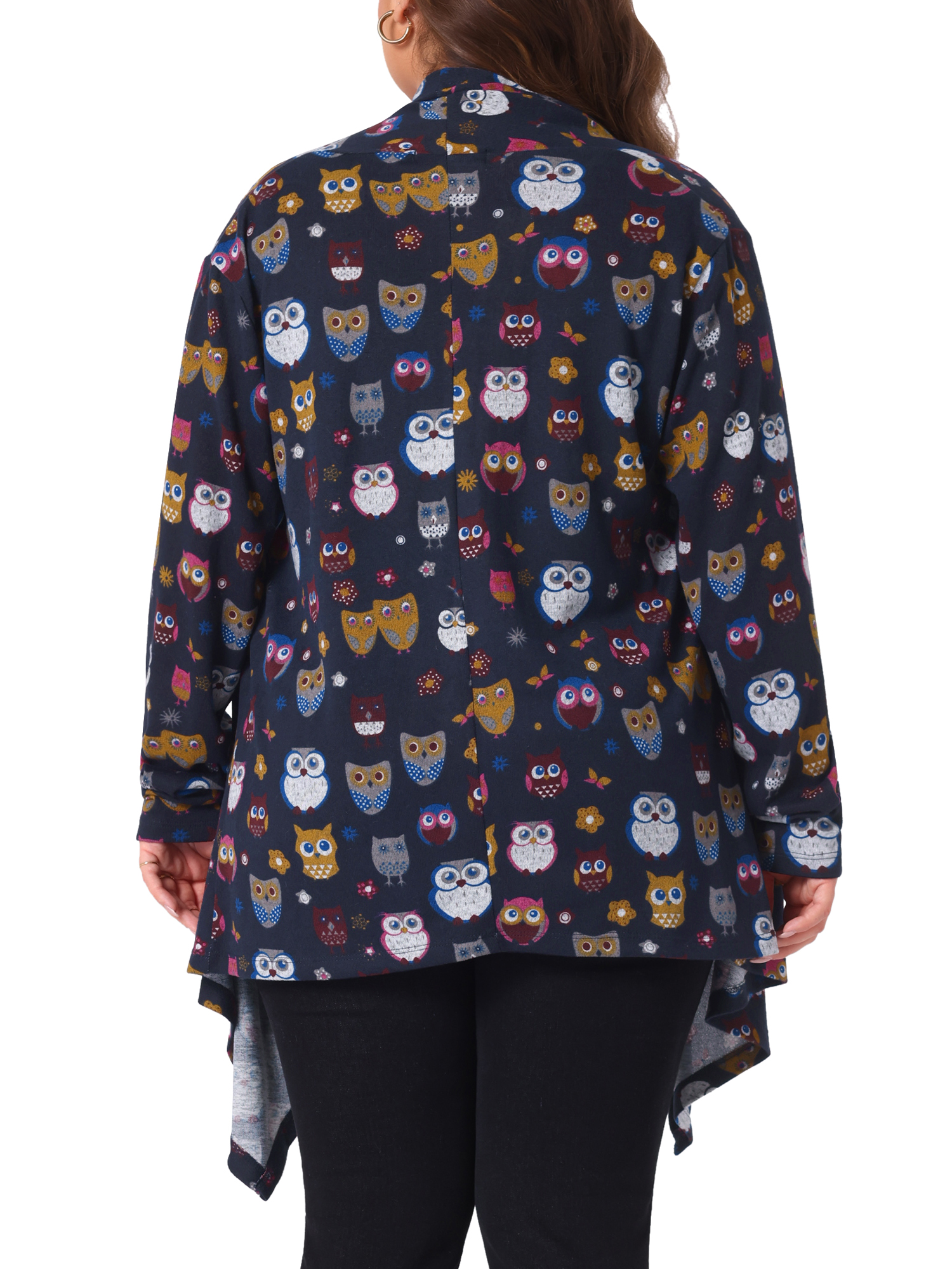 DARING DIVA Plus Size Owl Flowy Print Loose Open Front Sweater 4X Navy Blue