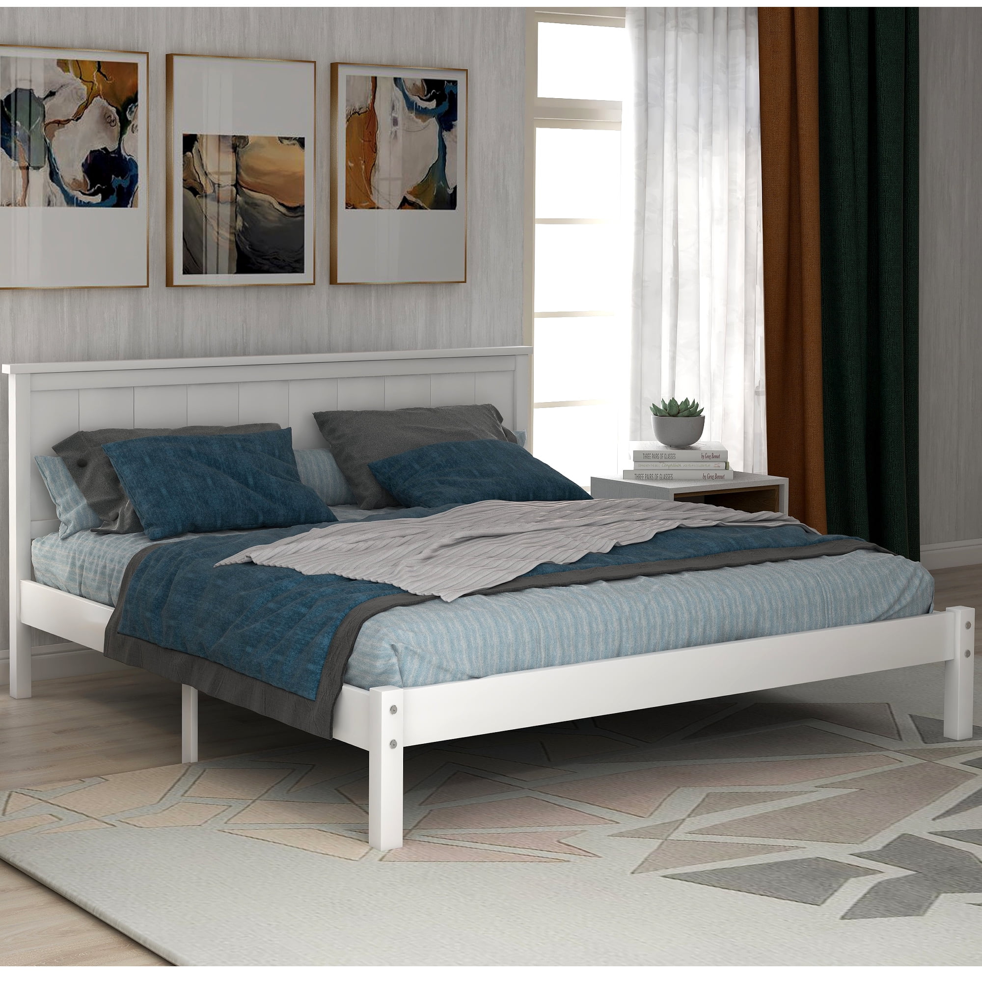 White Queen Bed Frame, Modern Wood Platform Bed Frame with Headboard