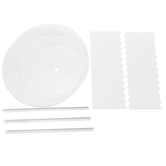 Acrylic Round Cake Disk Set - Cake Discs Circle Base Boards with Center Hole - 2 Comb Scrapers (4 Patterns) & Dowel Rod
