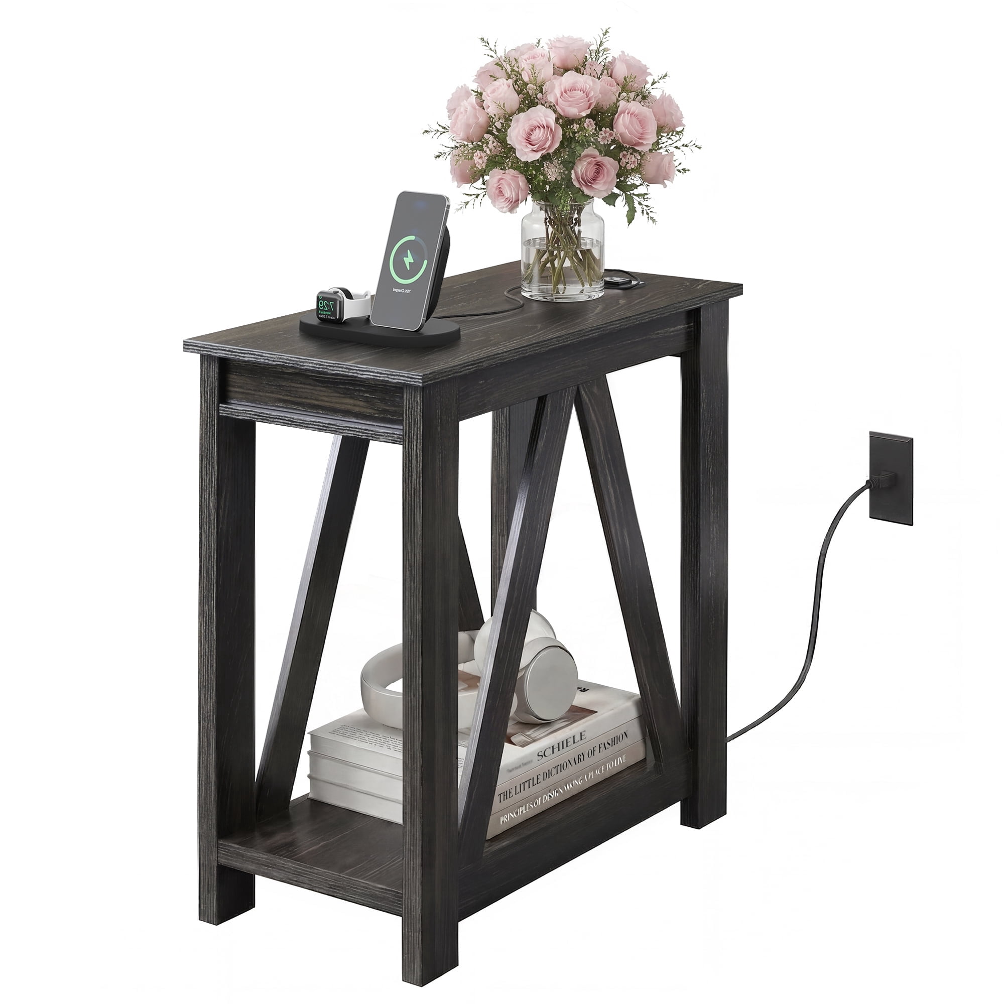 GALAXHERO Narrow End Table with Charging Station and Open Storage Shelf Sofa Side Table with 2 USB Ports and 2 Power Outlets, Slim Farmhouse End Table for Small Spaces, Bedroom, Living Room Black