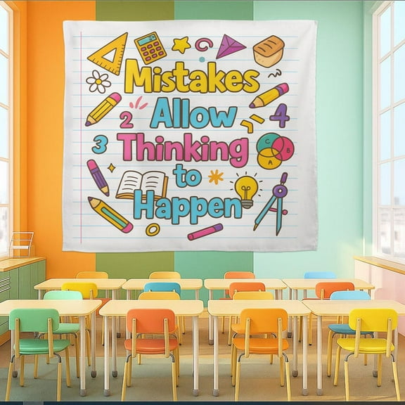 ViciArt Mistakes Allow Thinking Tapestry, 30"x40" Polyester Classroom Wall Hanging, Colorful Teacher Decor