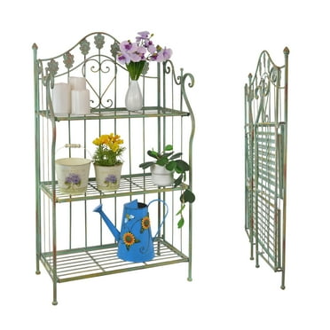 Westcharm 41 inch Tall Pre-Assembled Folding Metal Shelf | Plant Stand | Shelving Unit | Bookcase | Outdoor Baker's Rack with Scrolling Heart & Peacock Tail Motif - Verdigris Green