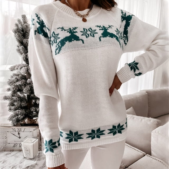 TIMIFIS Chandail de Noël pour Femmes Motifs de Rennes Flocon de Neige Chandail Tricoté Manches Longues Élans Floral Chandail Col Rond Adorable Laid Chandails de Noël Tenues Familiales Chandail Ample Tricot