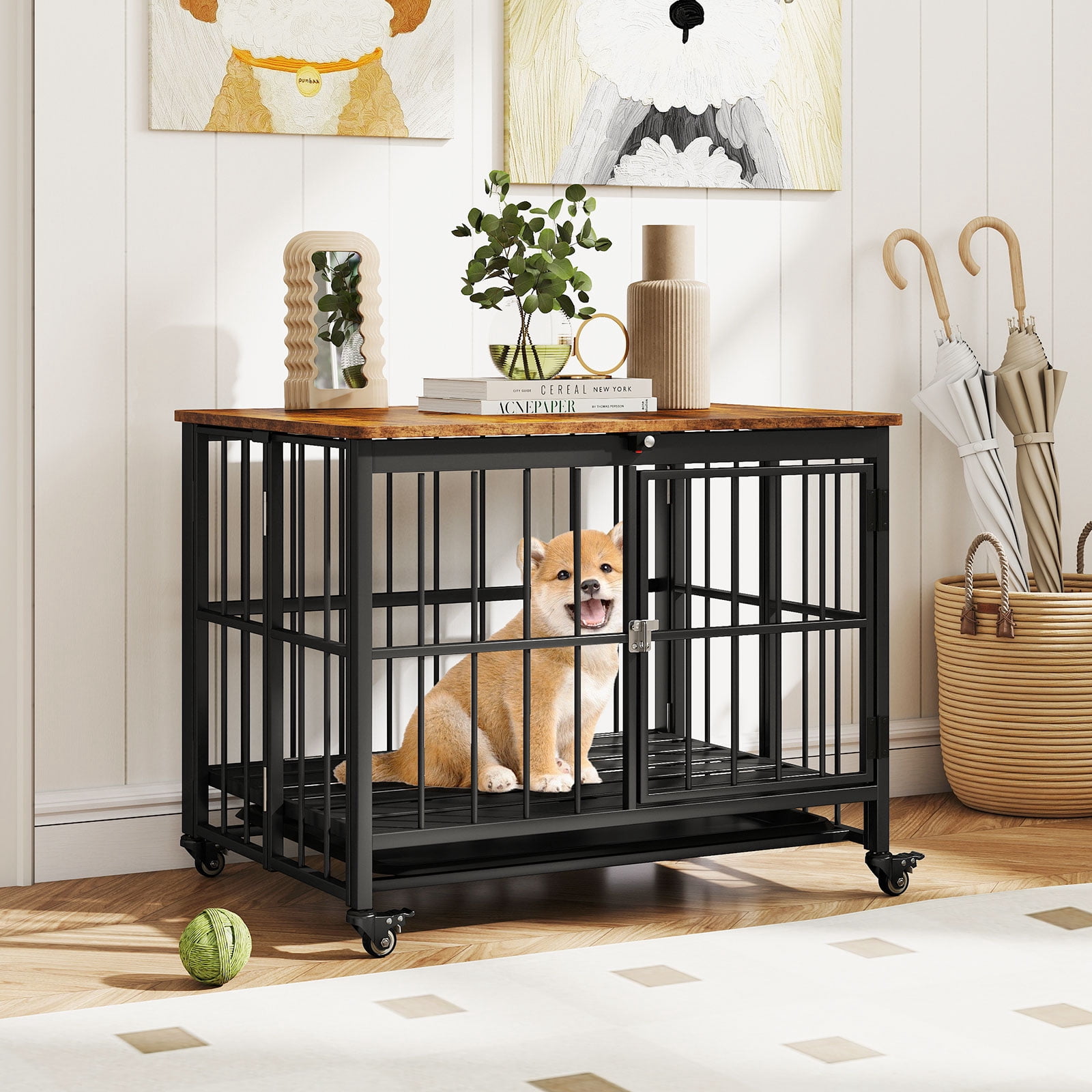Gymax Foldable Dog Crate Furniture w/Removable Tray Lockable Door Lockable Wheels