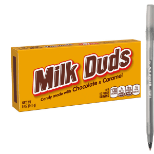 MILK DUDS Chocolate and Caramel Candy Box, 5 oz with pen