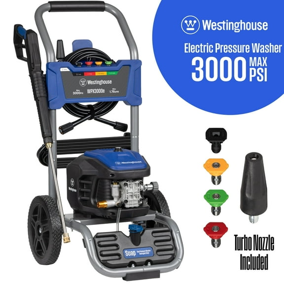 Westinghouse WPX3000e Heavy Duty 3000 Max PSI 1.76 Max GPM Cold Water Electric Pressure washer with 5 Spray Tips and Soap Tank