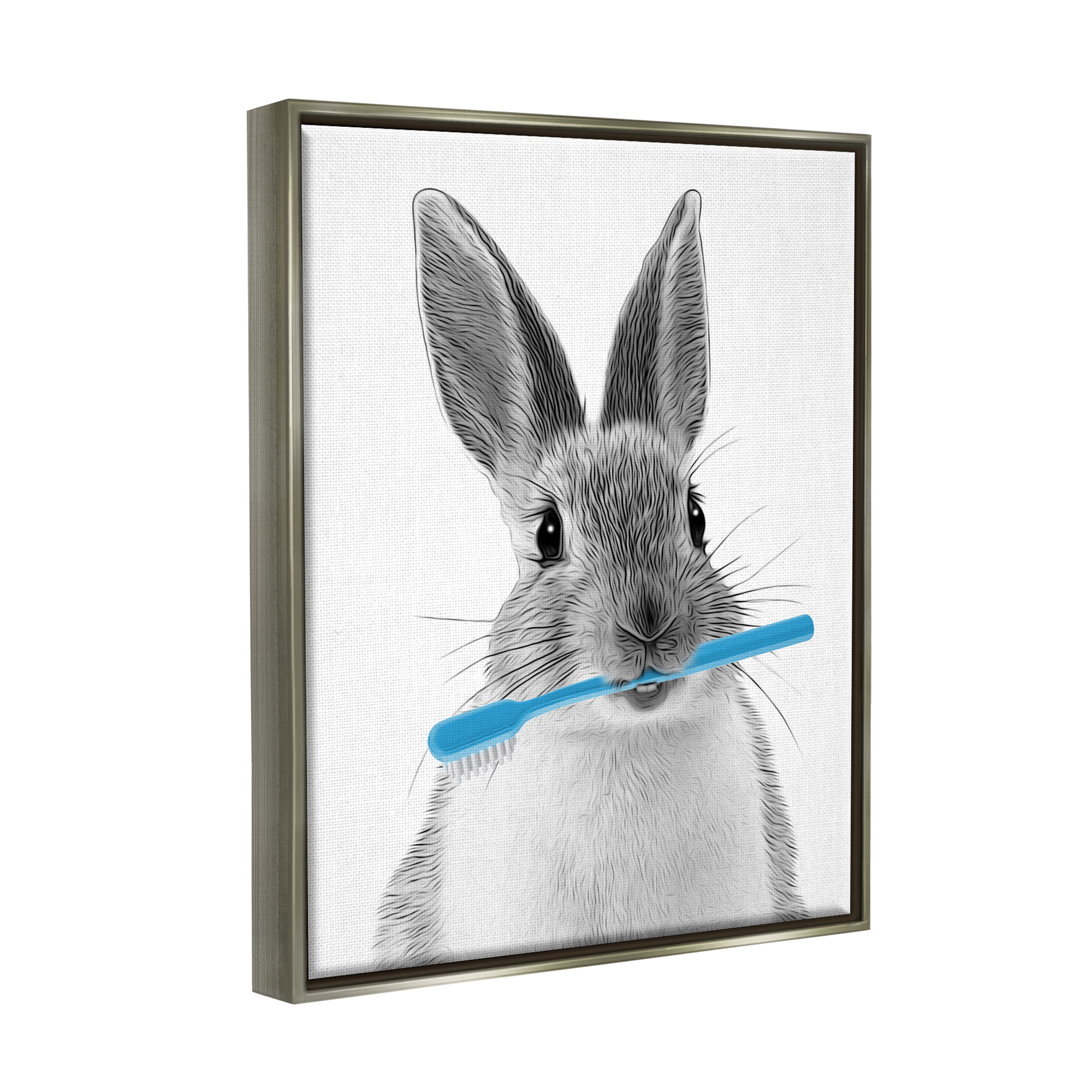 Stupell Industries Bunny Toothbrush Bathroom Animal Animals & Insects Painting Gray Floater Framed Art Print Wall Art