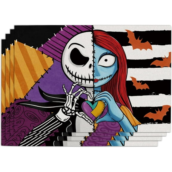 Halloween Jack Placemats Set of 4, Funny Sally Patch Stripes Dining Table Place Mats, Bats Kitchen Decor Home Decoration 12 x 18 Inches