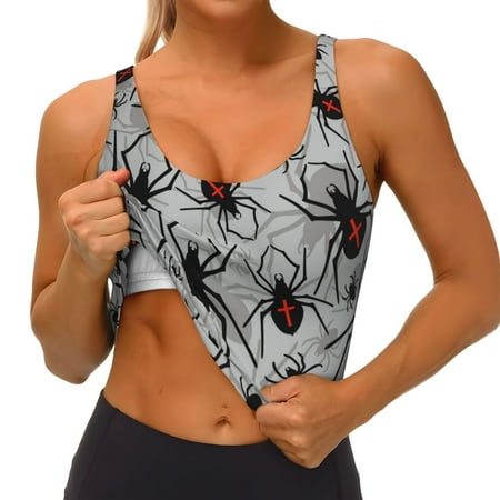 Qokaie Spiders Pattern Womens Scoop Neck Sports Bra Breathable Workout Vest Padded U Back Medium Impact Fitness Gym Yoga Bra Workout Crop Top