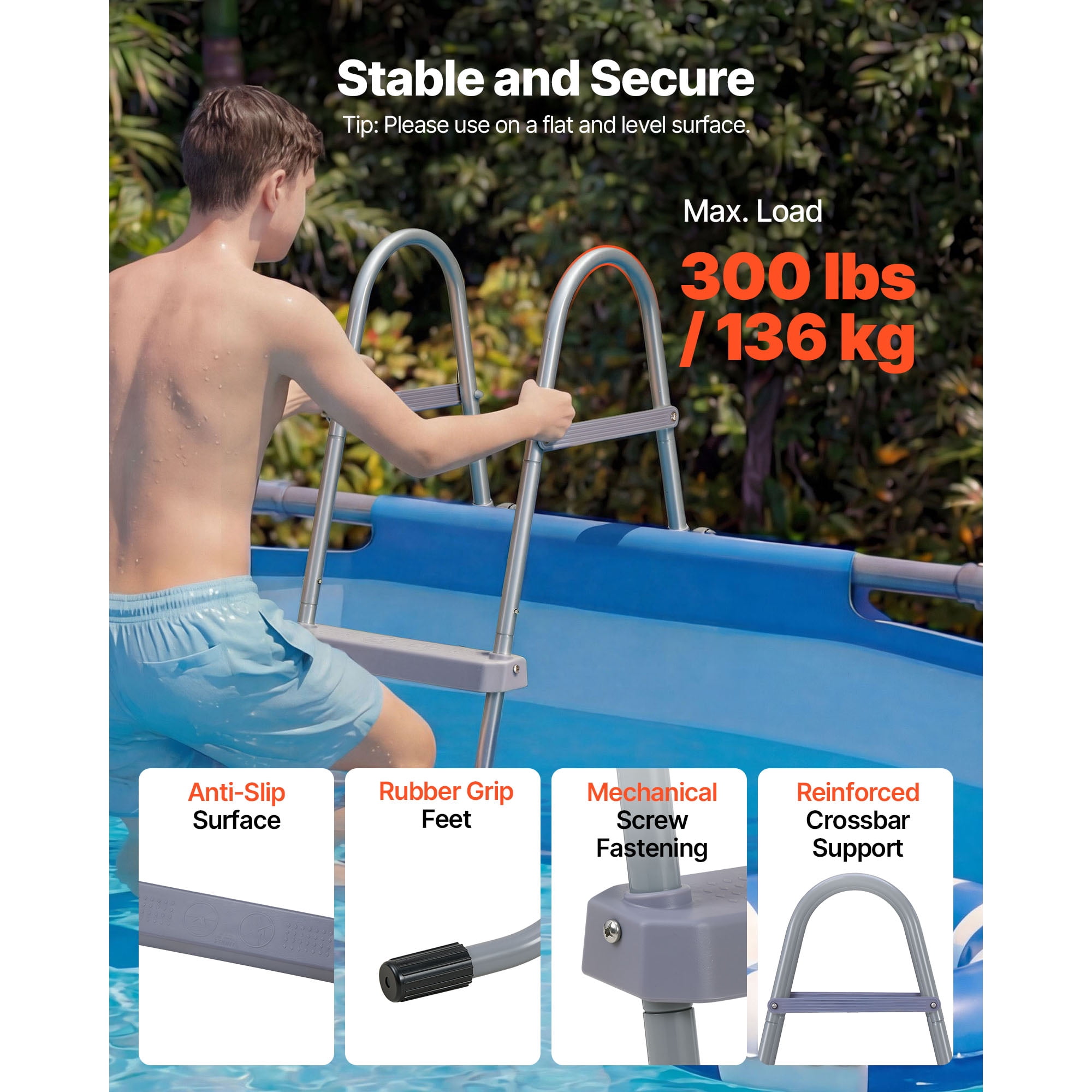 KFFKFF 4-Step Steel A-Frame Pool Ladder, Designed for Above-Ground Pools with 52-Inch Walls, 300 lbs Weight Capacity, Non-Slip Wide Steps for Safe Entry and Exit, Easy to Assemble, Outdoor Use, Gray
