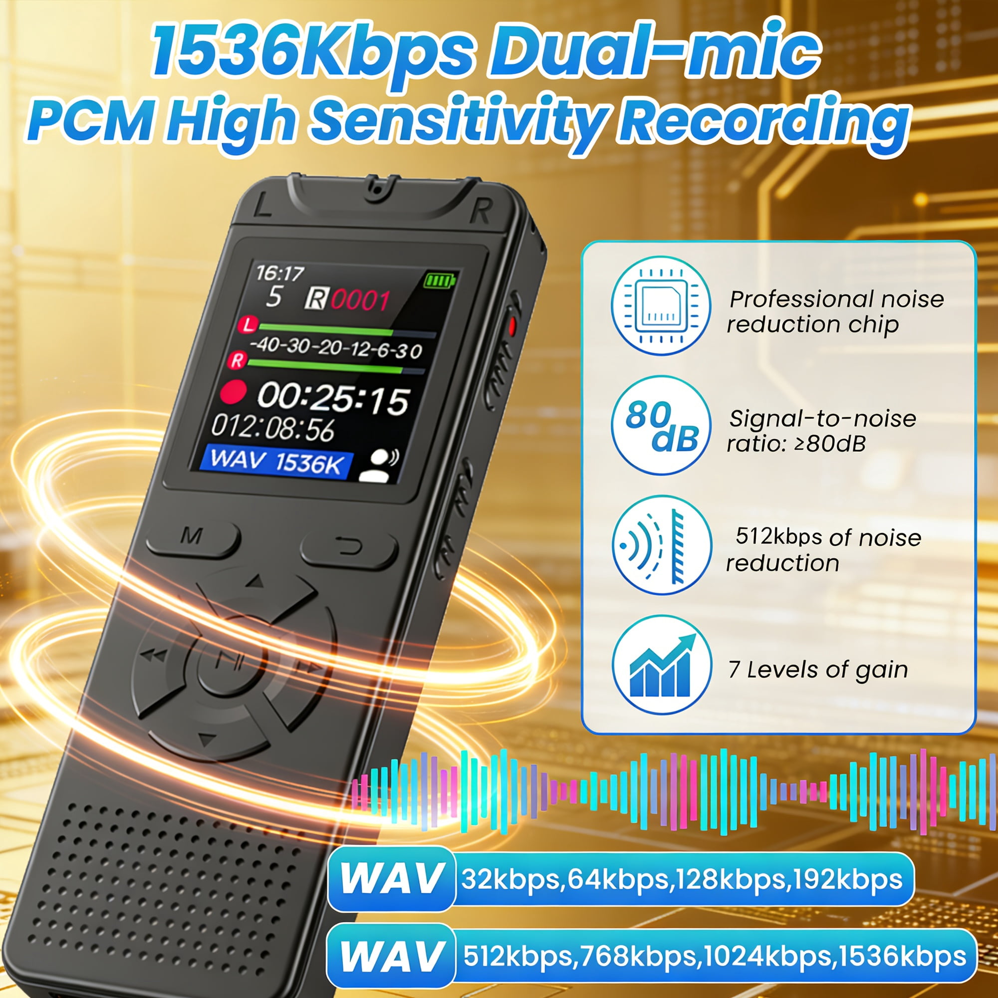 32GB Digital Voice Recorder with Voice Activation, One-Click Record, Simultaneous Playback & Recording, 512Kbps Noise Reduction, MP3 Player, Timer, Password Lock, USB Function