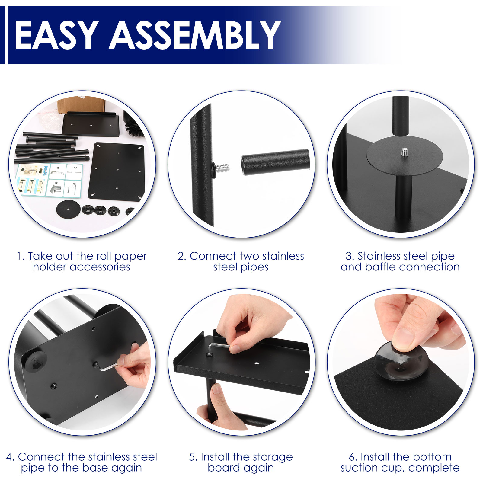 Dznils Free Standing Stainless Steel Toilet Paper Holder with Roll Reserve, Toilet Brush and Top Storage Shelf, Black
