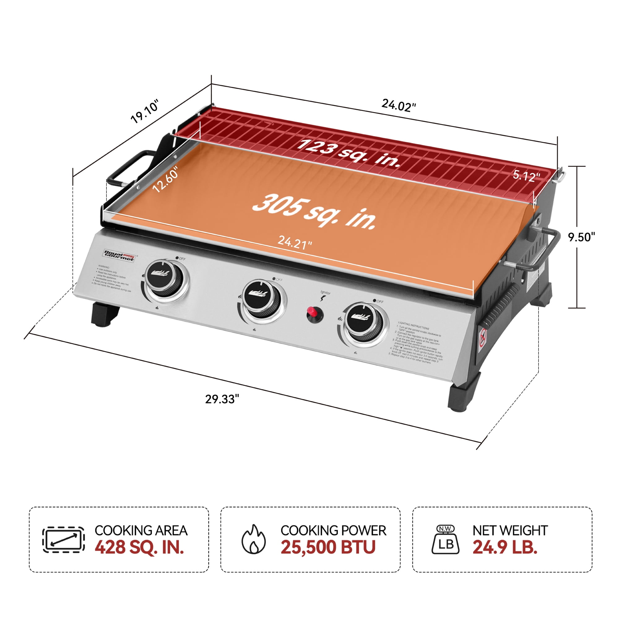 Royal Gourmet PD1303S 24-Inch Stainless Steel Portable Tabletop Griddle with Warming Rack
