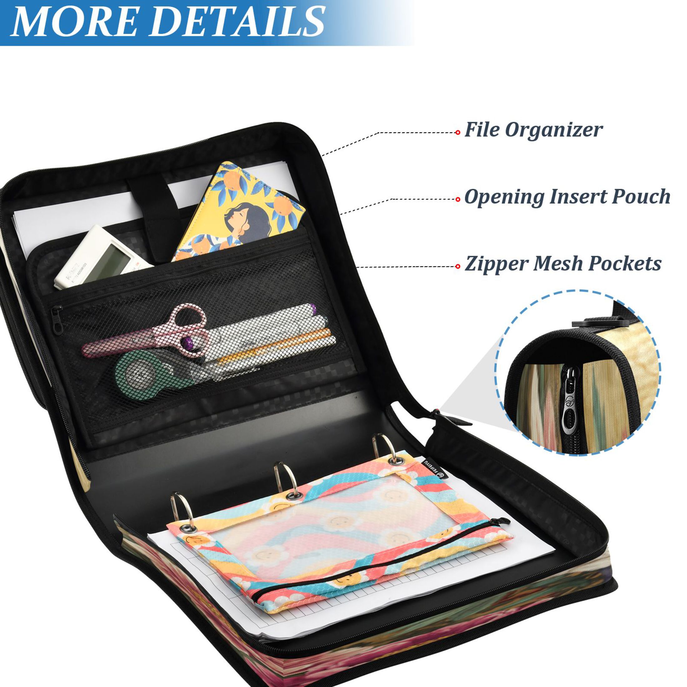 DIXRUYEE Zipper Binder trapper keeper Documents Organized Design Elegant Cranes Amid Peony Splendor Printed