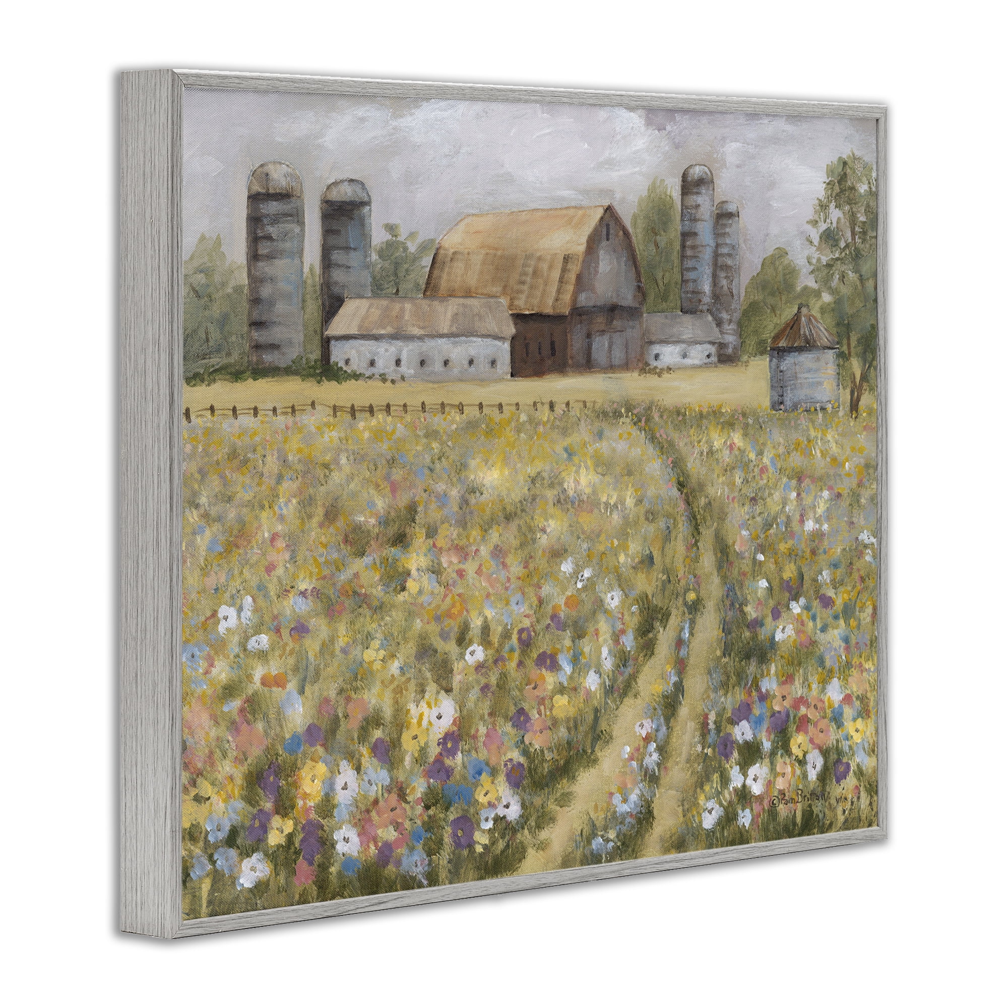 Stupell Industries Meadow Path to Barn Landscape Painting Gray Framed Art Print Wall Art, 30 x 24