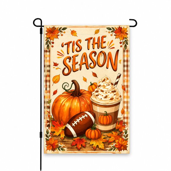 Tis the Season Fall Garden Flag, 12 x 18 Inch, Autumn Pumpkin, Football, Leaves, and Harvest Theme Outdoor Decor for Yard, Lawn, Patio, Porch