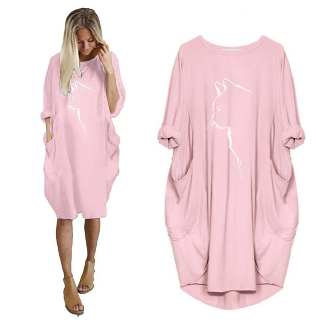 ICHUANYI Clearance Womens Jumper Oversized Printed Short Sleeve Pocket Pullover Mini Dress(Pink, XXL) ICHUANYI WER2023081013425
