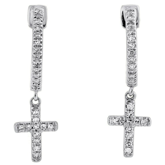 10K White Gold Round Diamond Unisex Mini Cross Dangler Hoop Earrings 0.16 Ct.