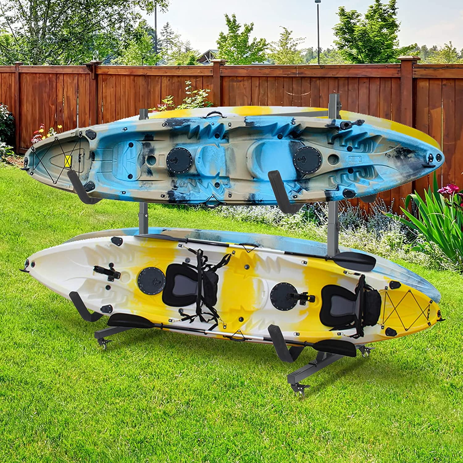 HJTER Kayak Stand Freestanding Storage Rack for Kayak Canoe Boat Paddle Board SUP Surfboard for Indoor Outdoor Garage, Shed, Dock with Lockable Wheels Wide Adjustable