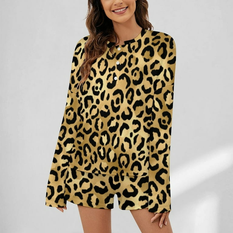 Sfneewho Black And Gold Leopard Print Animal Print Pajama Set for
