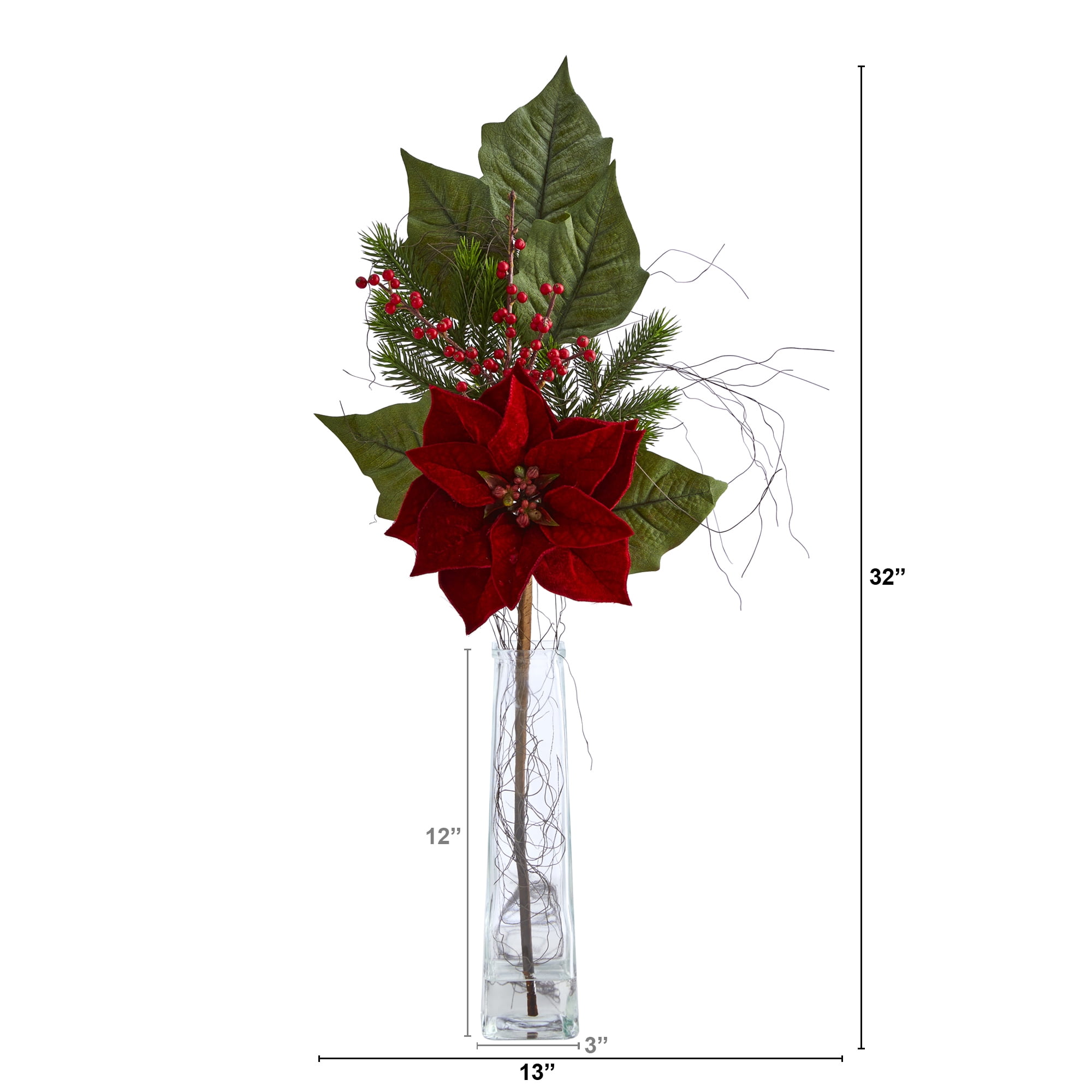 32in. Poinsettia, Berries and Pine Artificial Arrangement in Glass Vase