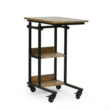 Noble House Hopedale Industrial C-Shape Iron End Table with Tabletop, Brown/Black, Set of 1