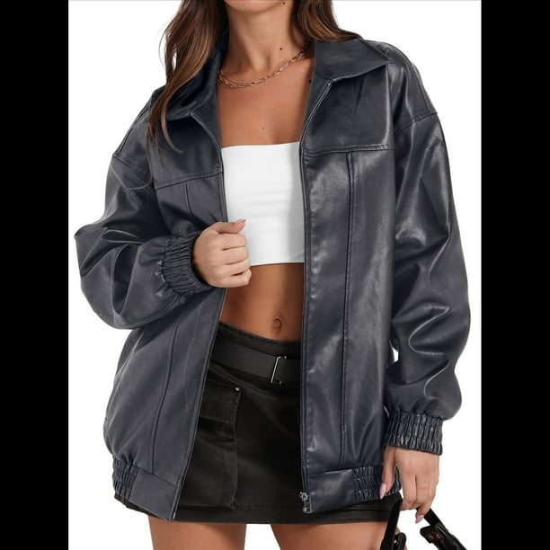 Chaqueta de Sintético para Mujer, Abrigos de Motociclista Extragrandes, Moda Otoño 2025, Ropa de Invierno Gris L