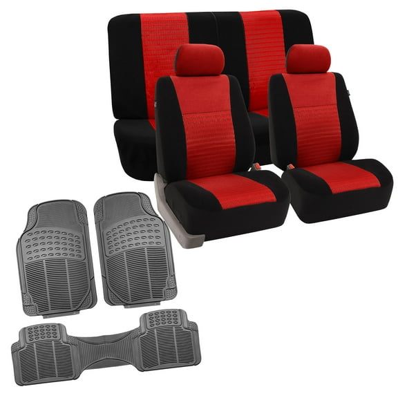 FH Group Full Interior Set Red Seat Covers for Auto w/ Gray Rubber Floor Mats