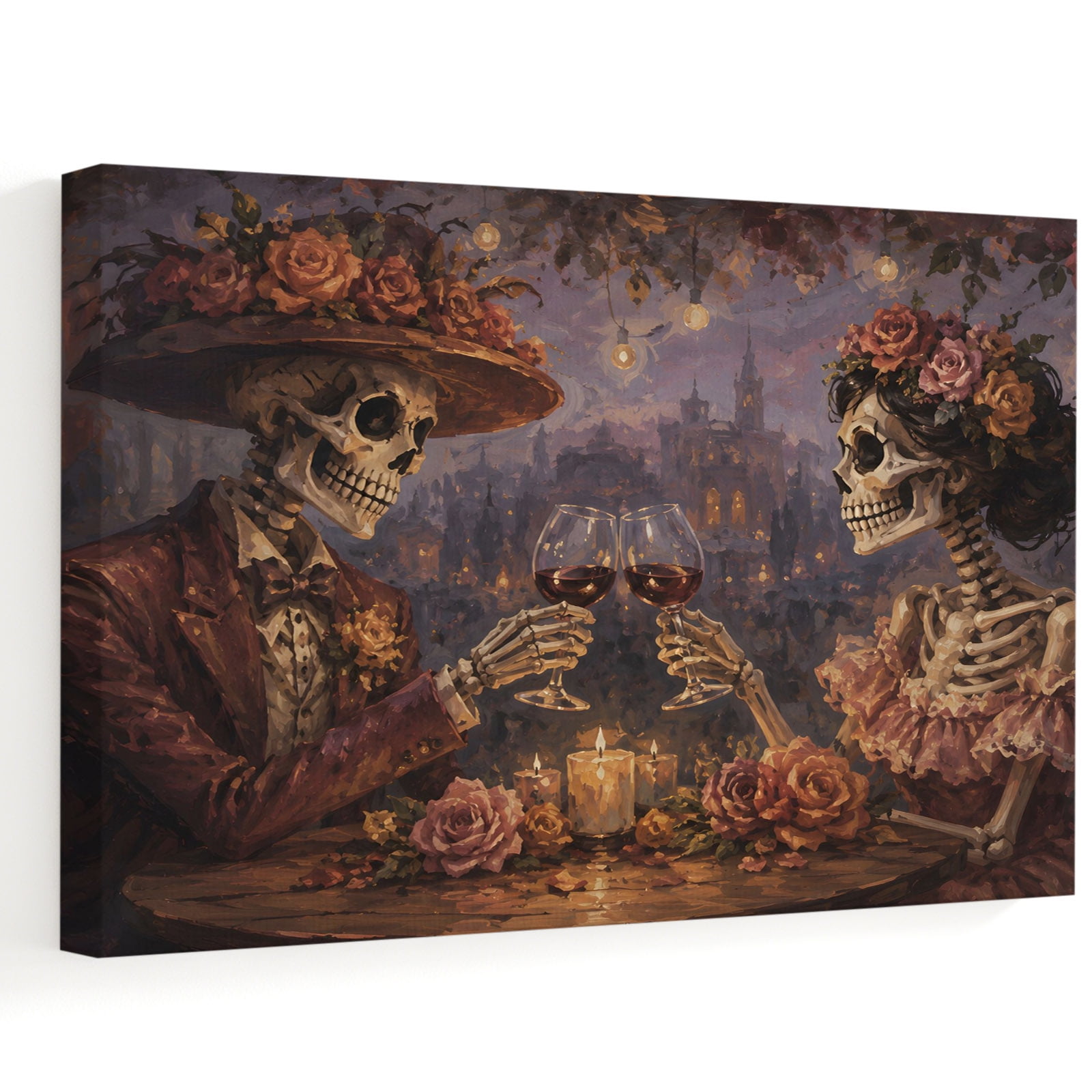 Skeleton Couple Canvas Wall Art 12 x 8 Halloween Evening Castle Skulls Dark Rose Garlands Frame Picture Prints Ready to Hang Waterproof Artwork Decor for Bathroom Kitchen Corner Bedroom Entryway