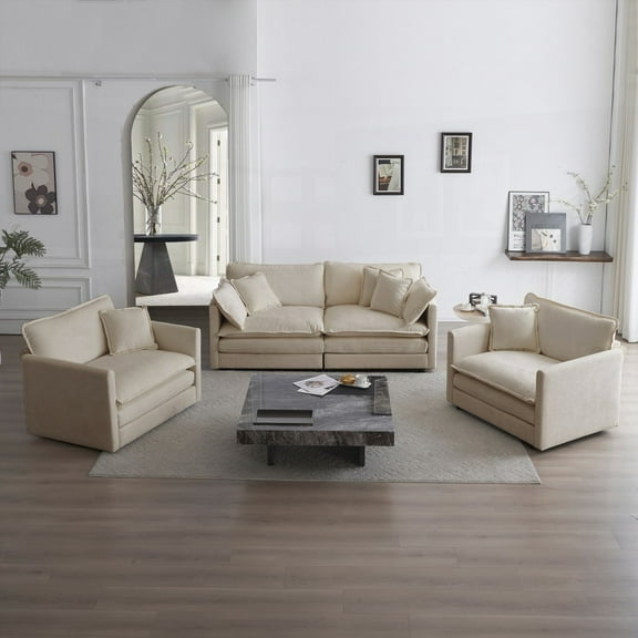 3-Piece Sofa Set in Beige Chenille - 2 Arm Chairs & 1 2-Seater for Living Room, Premium Materials, Easy Assembly & Flexible Sofa Combinations
