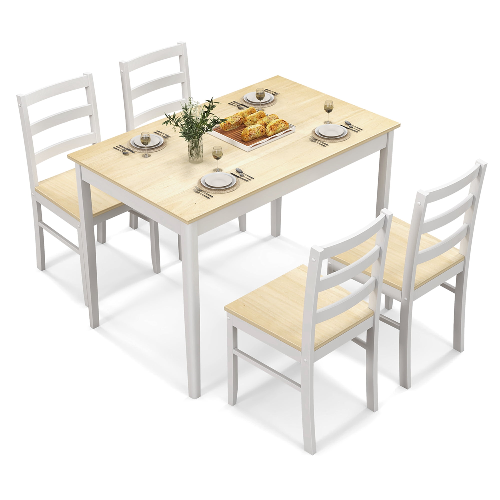 Costway 5 Piece Rubberwood Space Saving Dining Table with Chair Natural